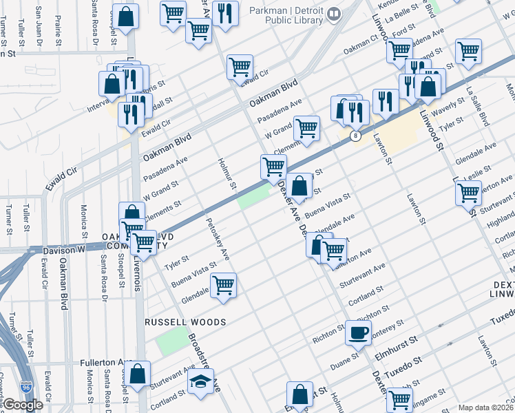map of restaurants, bars, coffee shops, grocery stores, and more near 3761 Waverly Street in Detroit
