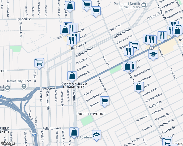 map of restaurants, bars, coffee shops, grocery stores, and more near 4209 Clements Street in Detroit