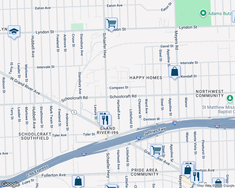 map of restaurants, bars, coffee shops, grocery stores, and more near 13361 Compass Street in Detroit