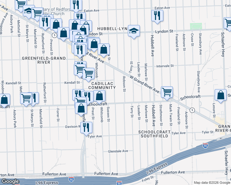 map of restaurants, bars, coffee shops, grocery stores, and more near in Detroit
