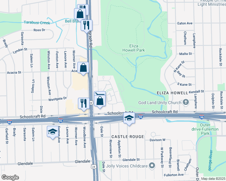 map of restaurants, bars, coffee shops, grocery stores, and more near 14180 Riverview Street in Detroit