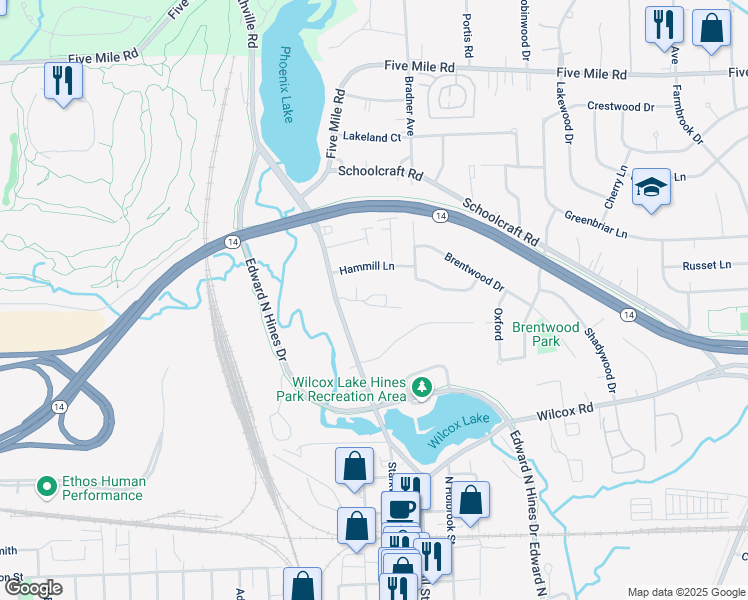 map of restaurants, bars, coffee shops, grocery stores, and more near 42591 Plymouth Hollow Drive in Plymouth