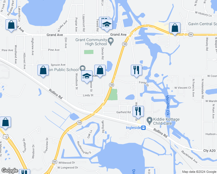 map of restaurants, bars, coffee shops, grocery stores, and more near 375 Illinois Route 59 in Ingleside