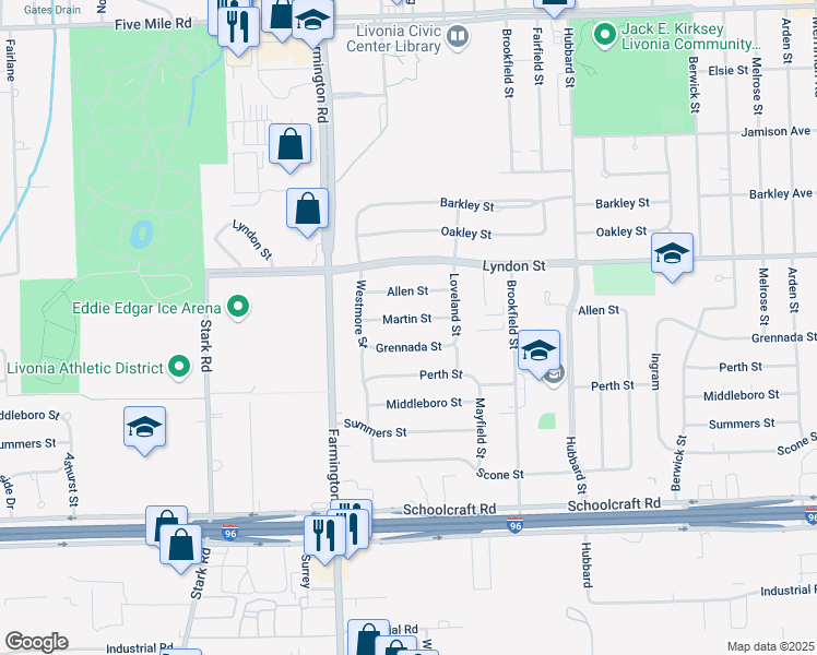 map of restaurants, bars, coffee shops, grocery stores, and more near 33039 Martin St in Livonia