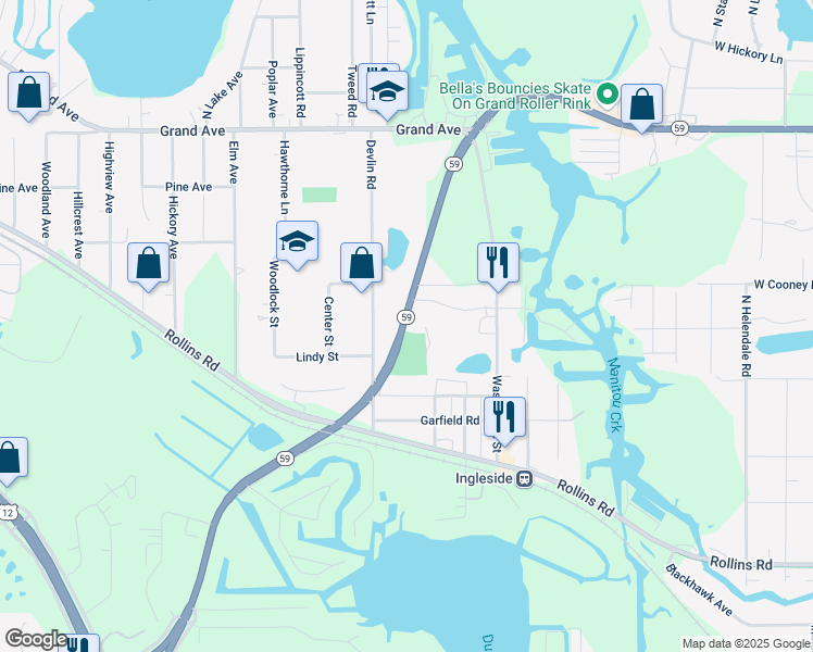 map of restaurants, bars, coffee shops, grocery stores, and more near 375 Illinois Route 59 in Ingleside