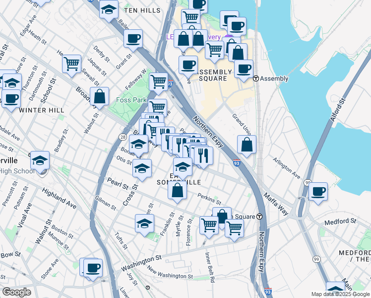 map of restaurants, bars, coffee shops, grocery stores, and more near 21 Michigan Avenue in Somerville