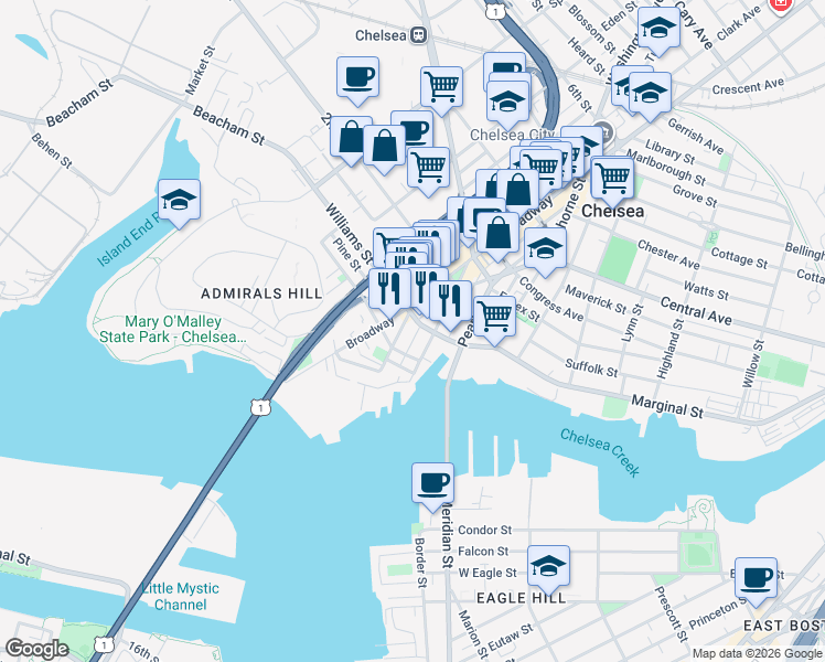 map of restaurants, bars, coffee shops, grocery stores, and more near 7 Pembroke Street in Chelsea