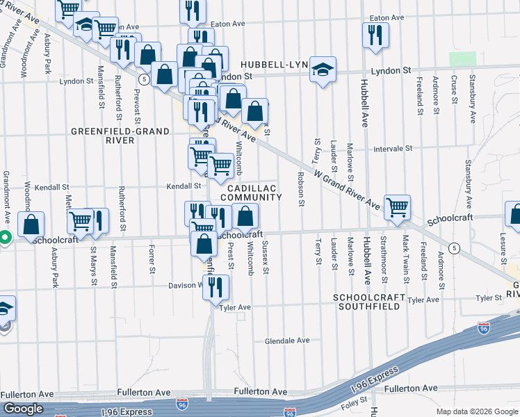map of restaurants, bars, coffee shops, grocery stores, and more near 13984 Sussex Street in Detroit