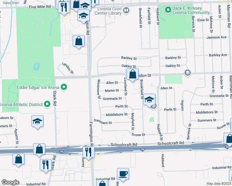 map of restaurants, bars, coffee shops, grocery stores, and more near 33039 Martin Street in Livonia