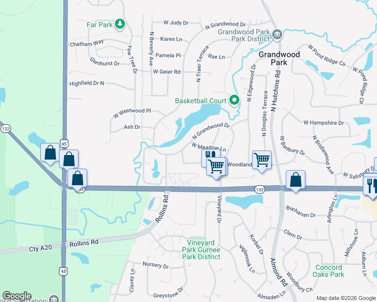 map of restaurants, bars, coffee shops, grocery stores, and more near 18525 West Meadow Lane in Gurnee
