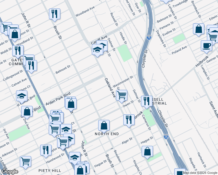 map of restaurants, bars, coffee shops, grocery stores, and more near 9445 Oakland Avenue in Detroit