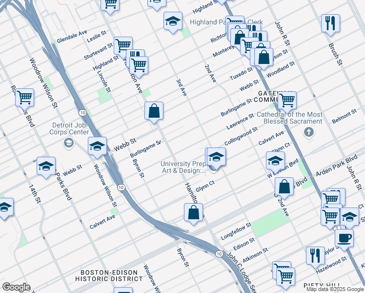 map of restaurants, bars, coffee shops, grocery stores, and more near 918 Lawrence Street in Detroit
