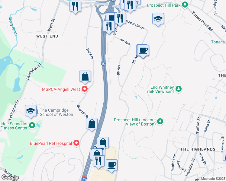 map of restaurants, bars, coffee shops, grocery stores, and more near 300 3rd Avenue in Waltham