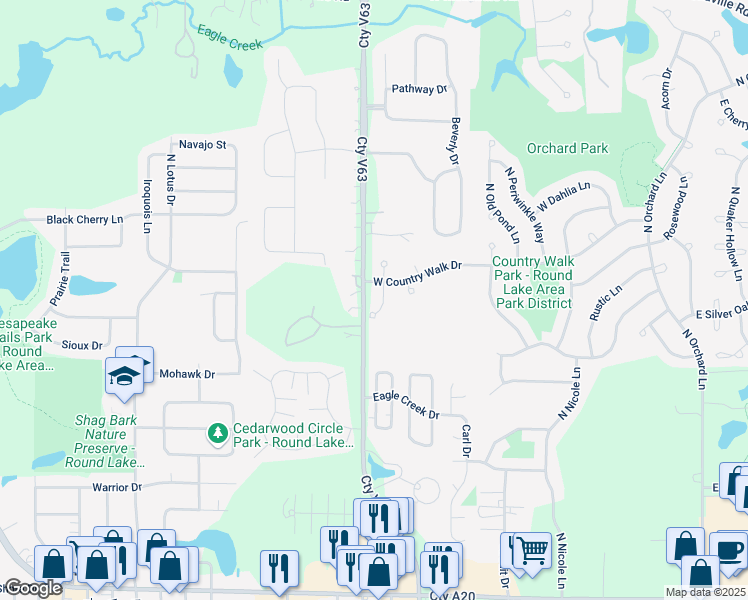 map of restaurants, bars, coffee shops, grocery stores, and more near 2220 North Pheasant Ridge Court in Round Lake Beach
