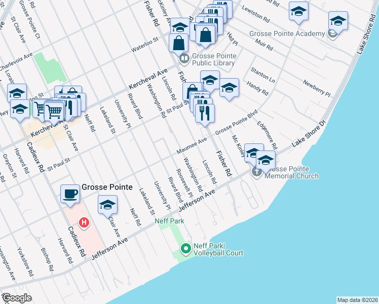 map of restaurants, bars, coffee shops, grocery stores, and more near 17720 Maumee Avenue in Grosse Pointe