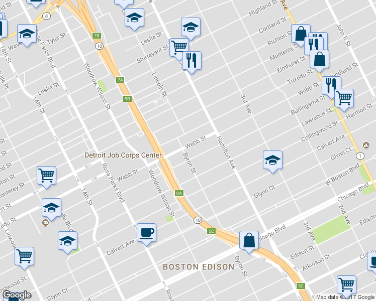 map of restaurants, bars, coffee shops, grocery stores, and more near 1249 Webb Street in Detroit