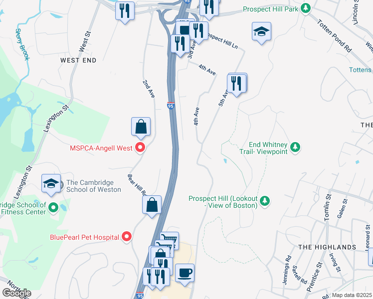 map of restaurants, bars, coffee shops, grocery stores, and more near 300 3rd Avenue in Waltham