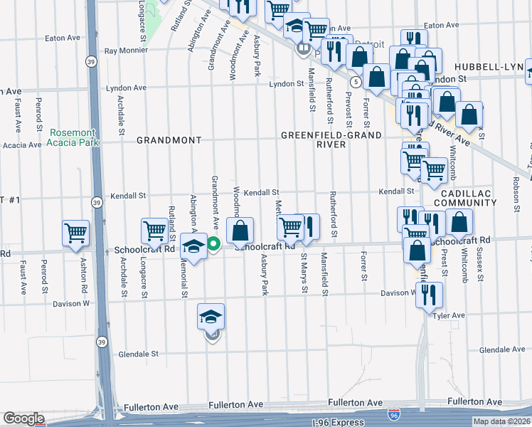 map of restaurants, bars, coffee shops, grocery stores, and more near 14000 Asbury Park in Detroit