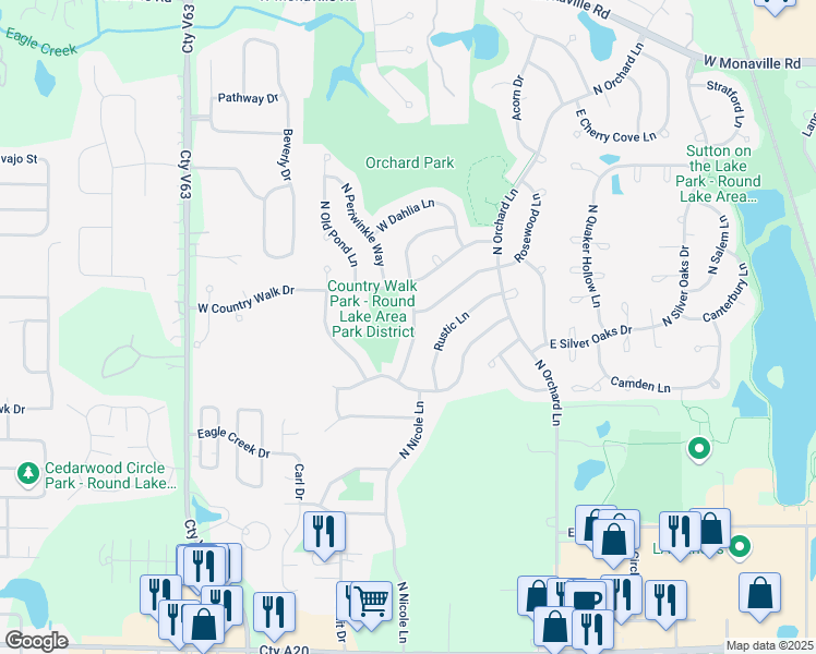 map of restaurants, bars, coffee shops, grocery stores, and more near 2216 North Sunrise Drive in Round Lake Beach