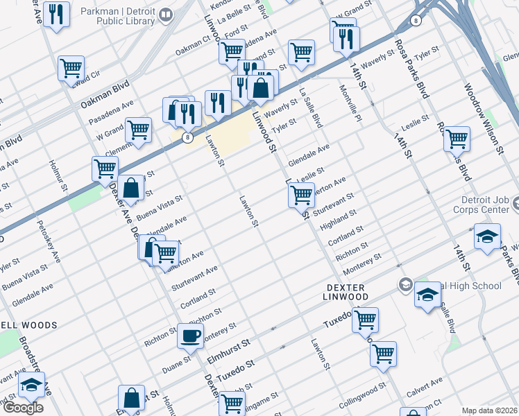 map of restaurants, bars, coffee shops, grocery stores, and more near 2705 Leslie Street in Detroit