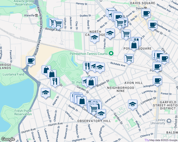 map of restaurants, bars, coffee shops, grocery stores, and more near 74 Sherman Street in Cambridge