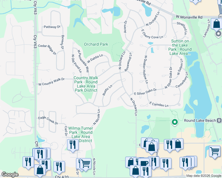 map of restaurants, bars, coffee shops, grocery stores, and more near 17 East Rustic Lane in Round Lake Beach