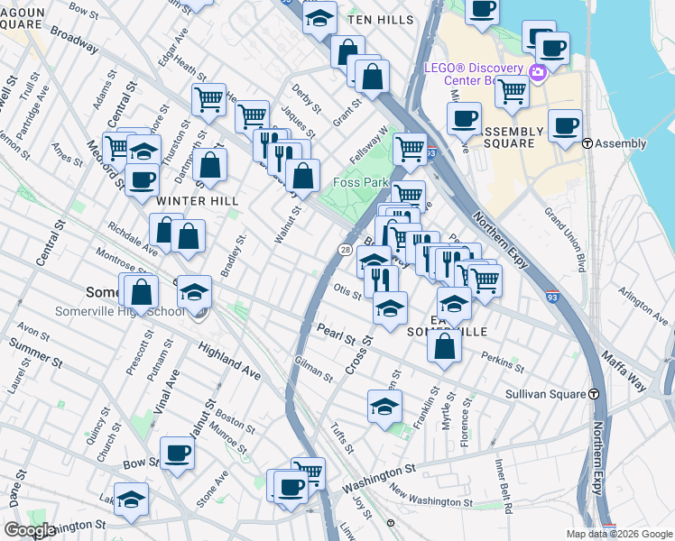 map of restaurants, bars, coffee shops, grocery stores, and more near 40 Bonair Street in Somerville