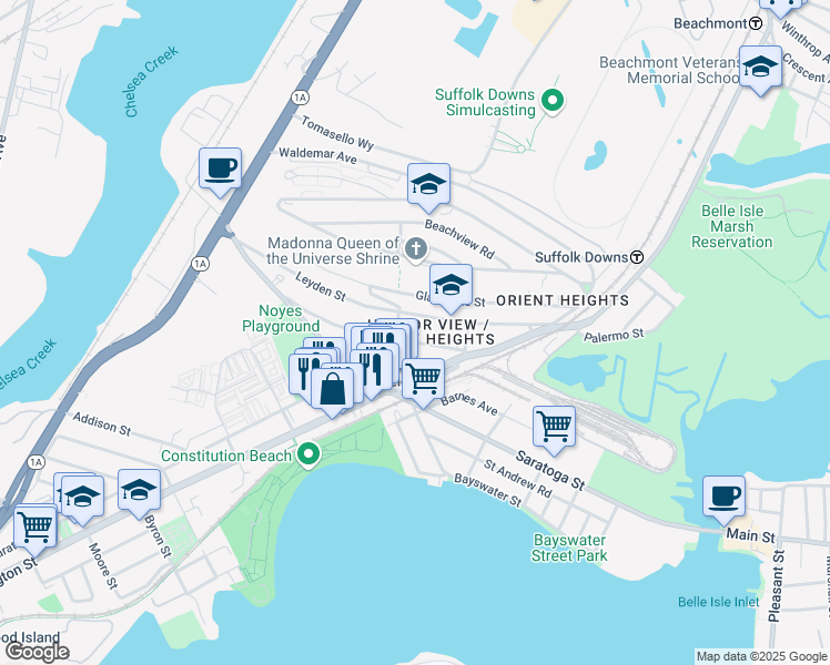 map of restaurants, bars, coffee shops, grocery stores, and more near 35 Ashley Street in Boston