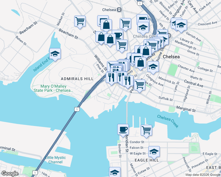 map of restaurants, bars, coffee shops, grocery stores, and more near 105 Broadway in Chelsea