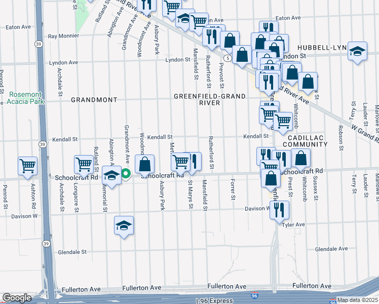 map of restaurants, bars, coffee shops, grocery stores, and more near 14000 Saint Marys Street in Detroit
