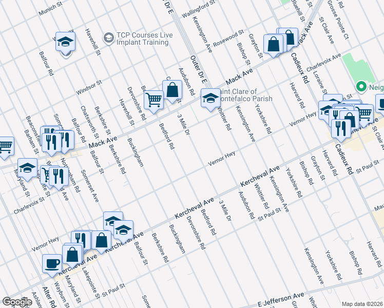 map of restaurants, bars, coffee shops, grocery stores, and more near 1337 3 Mile Drive in Grosse Pointe Park