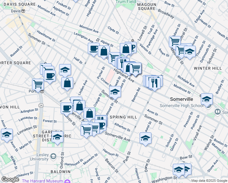 map of restaurants, bars, coffee shops, grocery stores, and more near 121 Lowell Street in Somerville