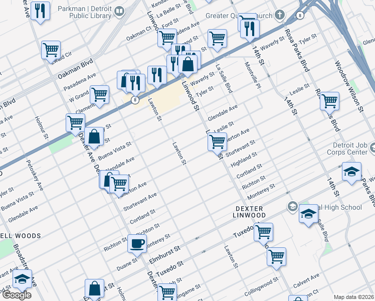 map of restaurants, bars, coffee shops, grocery stores, and more near 2705 Leslie Street in Detroit