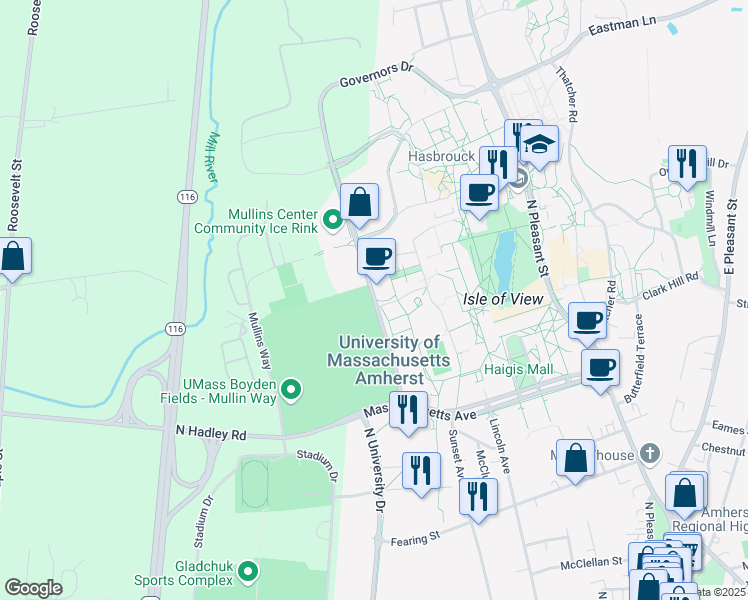 map of restaurants, bars, coffee shops, grocery stores, and more near Commonwealth Avenue in Amherst