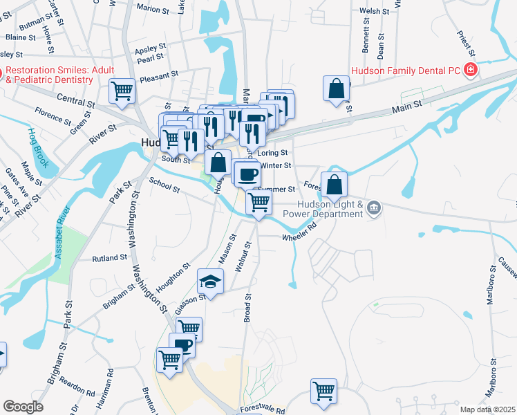 map of restaurants, bars, coffee shops, grocery stores, and more near 50 Broad Street in Hudson