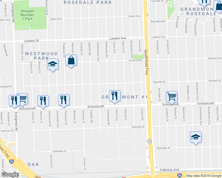 map of restaurants, bars, coffee shops, grocery stores, and more near 14026 Greenview Road in Detroit