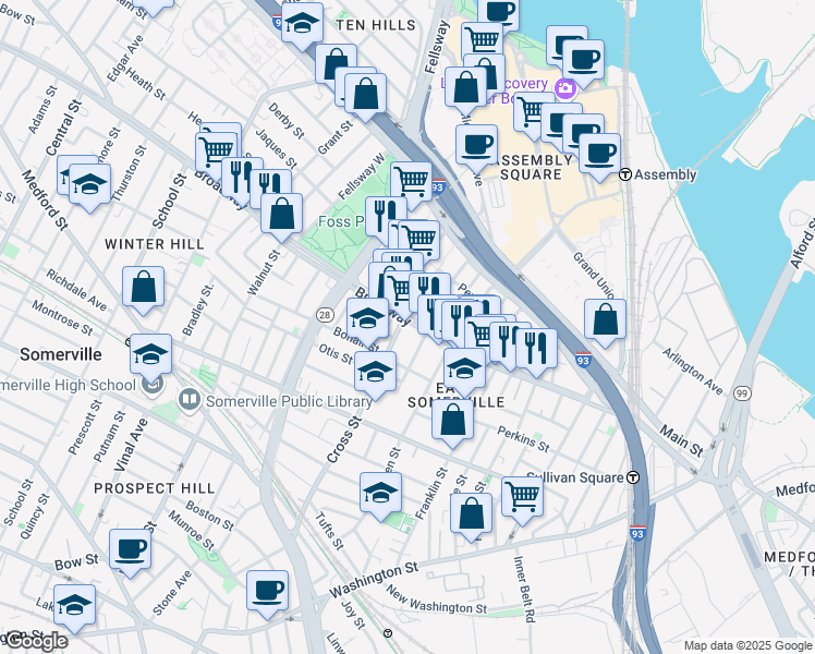 map of restaurants, bars, coffee shops, grocery stores, and more near 160 Broadway in Somerville