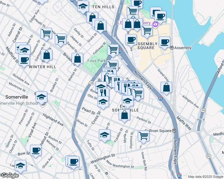 map of restaurants, bars, coffee shops, grocery stores, and more near 164 Broadway in Somerville