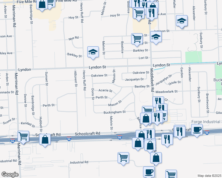 map of restaurants, bars, coffee shops, grocery stores, and more near 30152 Acacia Avenue in Livonia