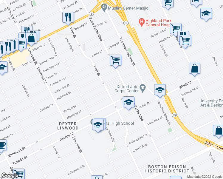 map of restaurants, bars, coffee shops, grocery stores, and more near 1999 Richton Street in Detroit
