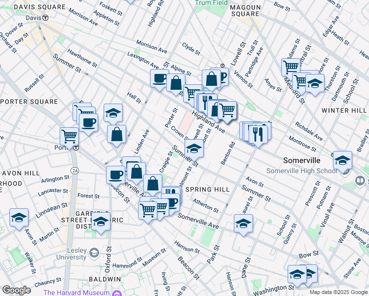map of restaurants, bars, coffee shops, grocery stores, and more near 121 Lowell Street in Somerville