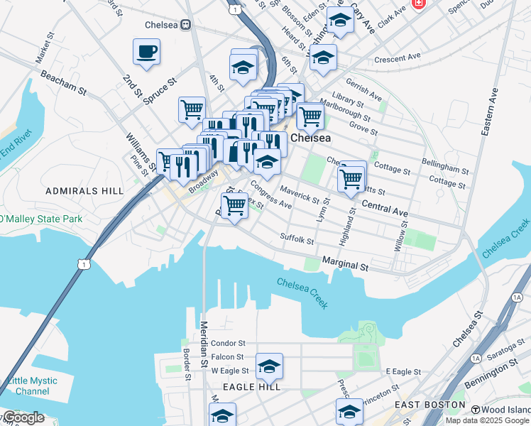 map of restaurants, bars, coffee shops, grocery stores, and more near 53 Essex St in Chelsea