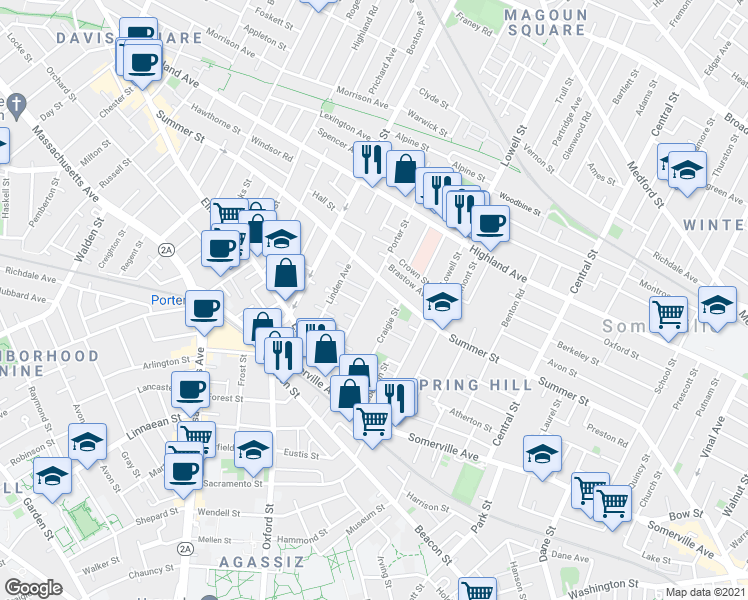map of restaurants, bars, coffee shops, grocery stores, and more near 47 Porter Street in Somerville