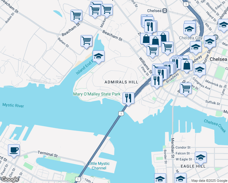 map of restaurants, bars, coffee shops, grocery stores, and more near 40 Breakwater Drive in Chelsea