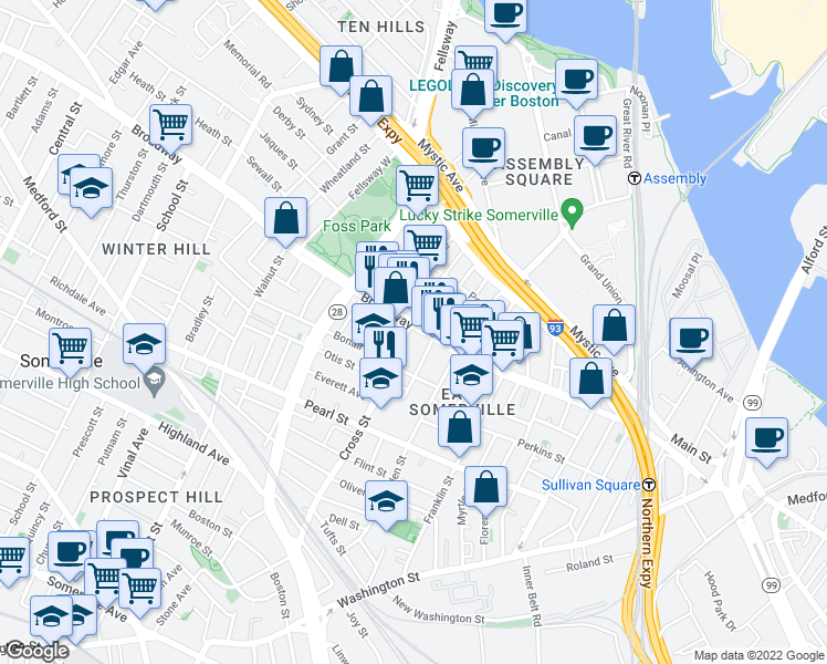 map of restaurants, bars, coffee shops, grocery stores, and more near 174 Broadway in Somerville