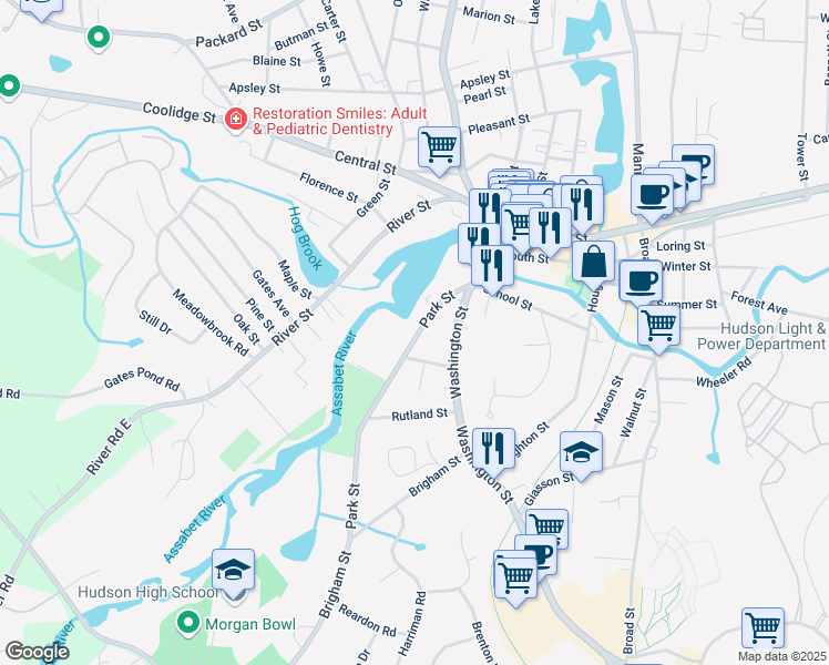 map of restaurants, bars, coffee shops, grocery stores, and more near 35 Park Street in Hudson