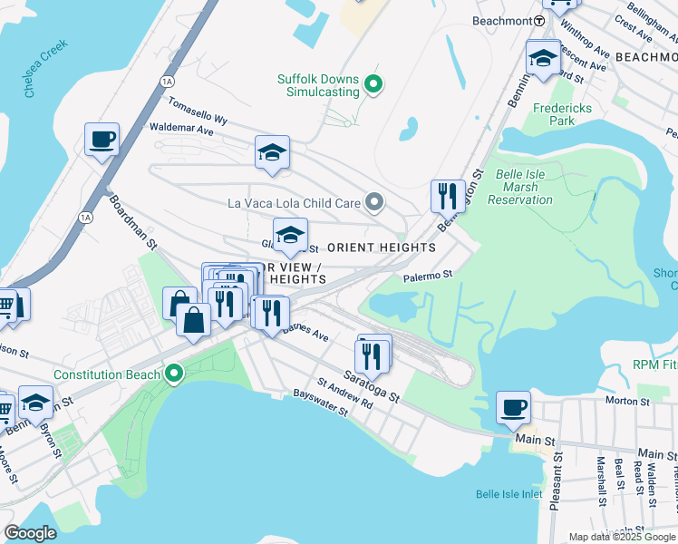 map of restaurants, bars, coffee shops, grocery stores, and more near 231 Leyden Street in Boston