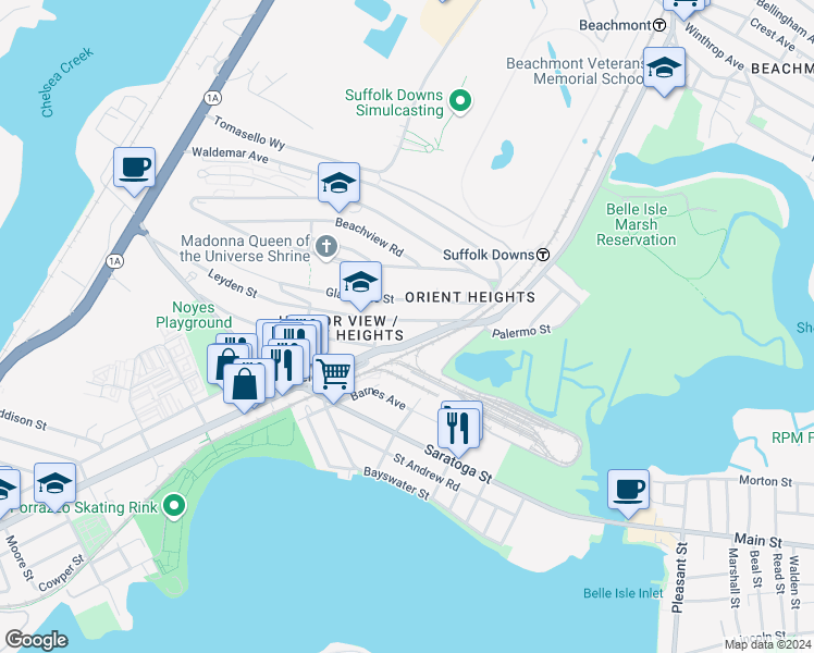 map of restaurants, bars, coffee shops, grocery stores, and more near 231 Leyden Street in Boston