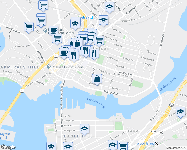 map of restaurants, bars, coffee shops, grocery stores, and more near 48 Shawmut Street in Chelsea