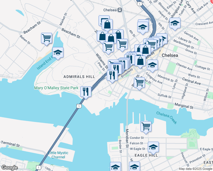 map of restaurants, bars, coffee shops, grocery stores, and more near 69 Broadway in Chelsea